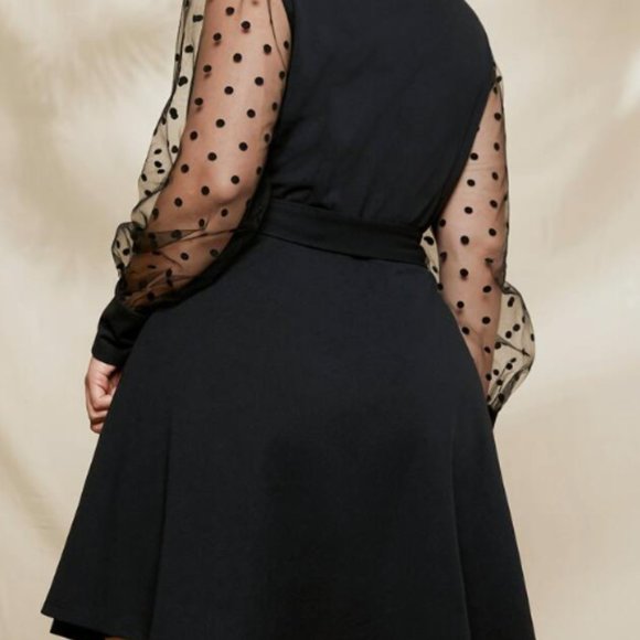 Plus Notch Neck Dobby Mesh Lantern Sleeve Belted dress - Picture 2 of 6